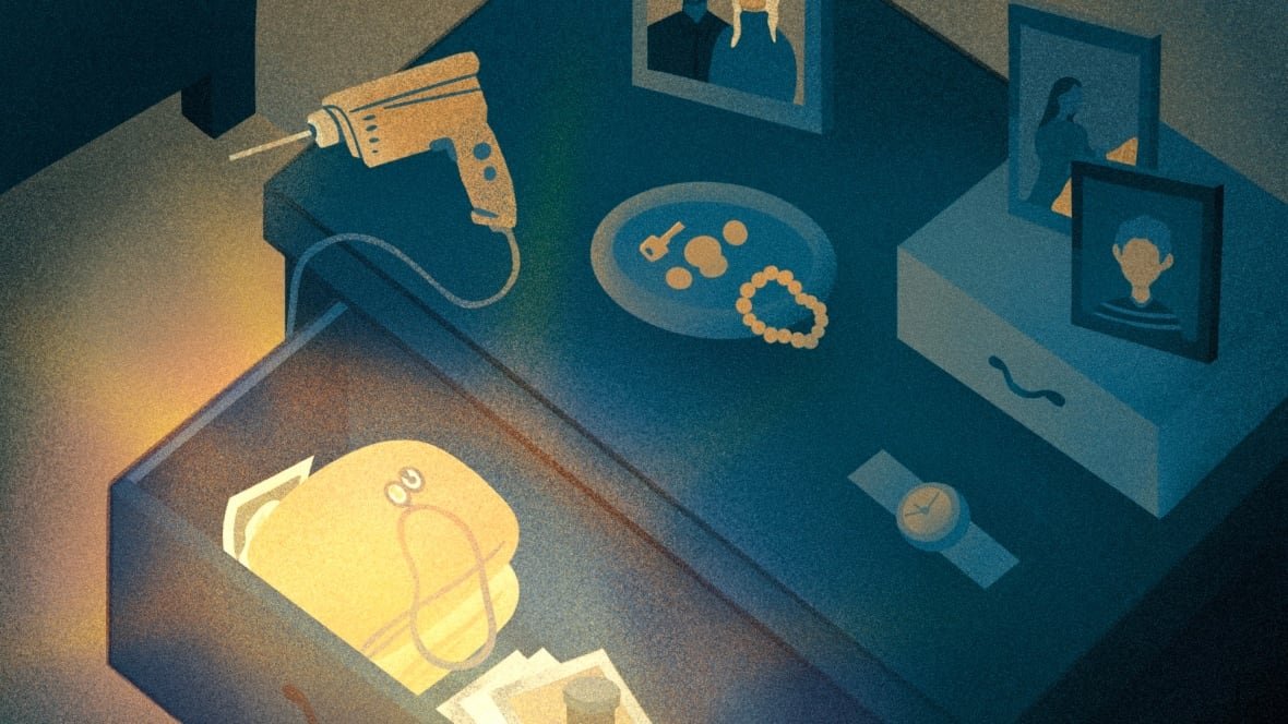 ghostworlds-by-trent-lewin An illustration of a credenza with knickknacks on top and inside the top drawer
