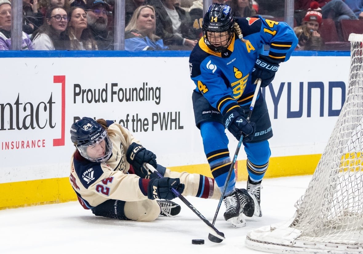 hkn-pwhl-victoire-sceptres-20250108-1 Two hockey players vie for the puck behind the goal, as fans look on.