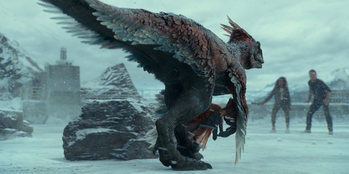 jurassic-world-feathered-dinosaur A feathered dinosaur featured in the 2022 film Jurassic World Dominion. The dinosaurs shown in the film reflected the latest research on the feather colouring of dinosaurs.