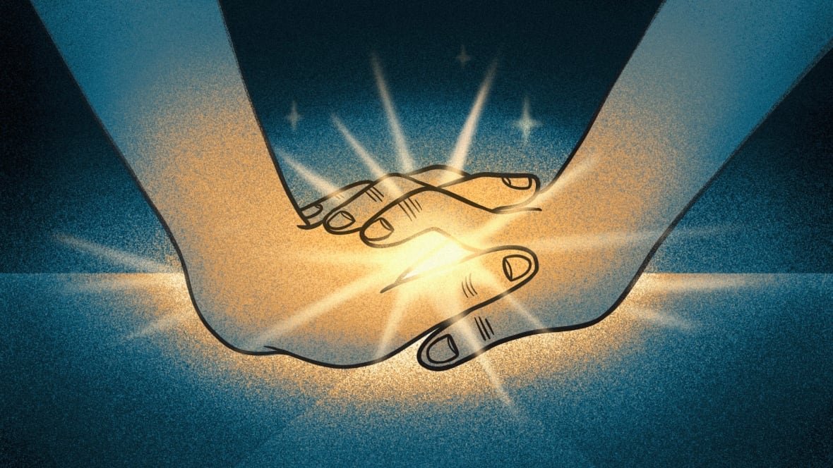 love-is-the-enemy-by-vincent-anioke An illustration of two hands entwined with light coming from inside the space between them