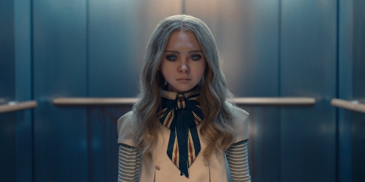 m3gan Blonde-haired doll in an elevator.