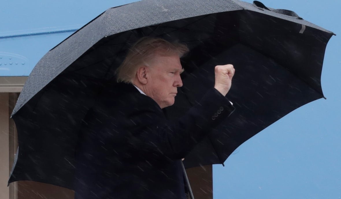 trump A man stands under a black umbrella, looking off to the side and holding his fist up.