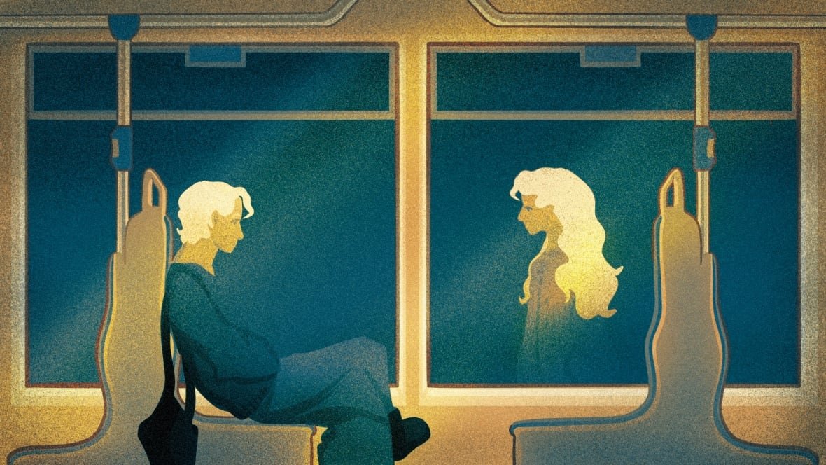 you-streetcar-at-night-by-dorian-mcnamara An illustration of a man sitting in a streetcar with a reflexion of a woman in the facing window seat