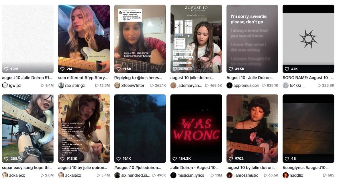 tiktok-julie-doiron-august-10 A screenshot of a TikTok search page, showing two lines of six video thumbnails.
