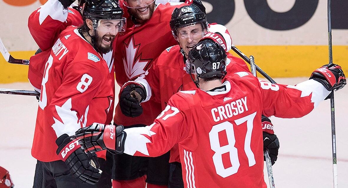 doughty-drew-160924-1180 Canada centre Brad Marchand celebrates his game tying goal with teammates Drew Doughty, Patrice Bergeron, Alex Pietrangelo and Sidney Crosby during second period semifinal World Cup of Hockey action in Toronto on September 24, 2016.