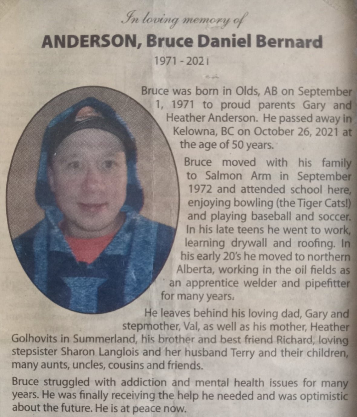 richard-anderson-first-person-obituary A newspaper clipping of an obituary for Bruce Daniel Bernard Anderson.