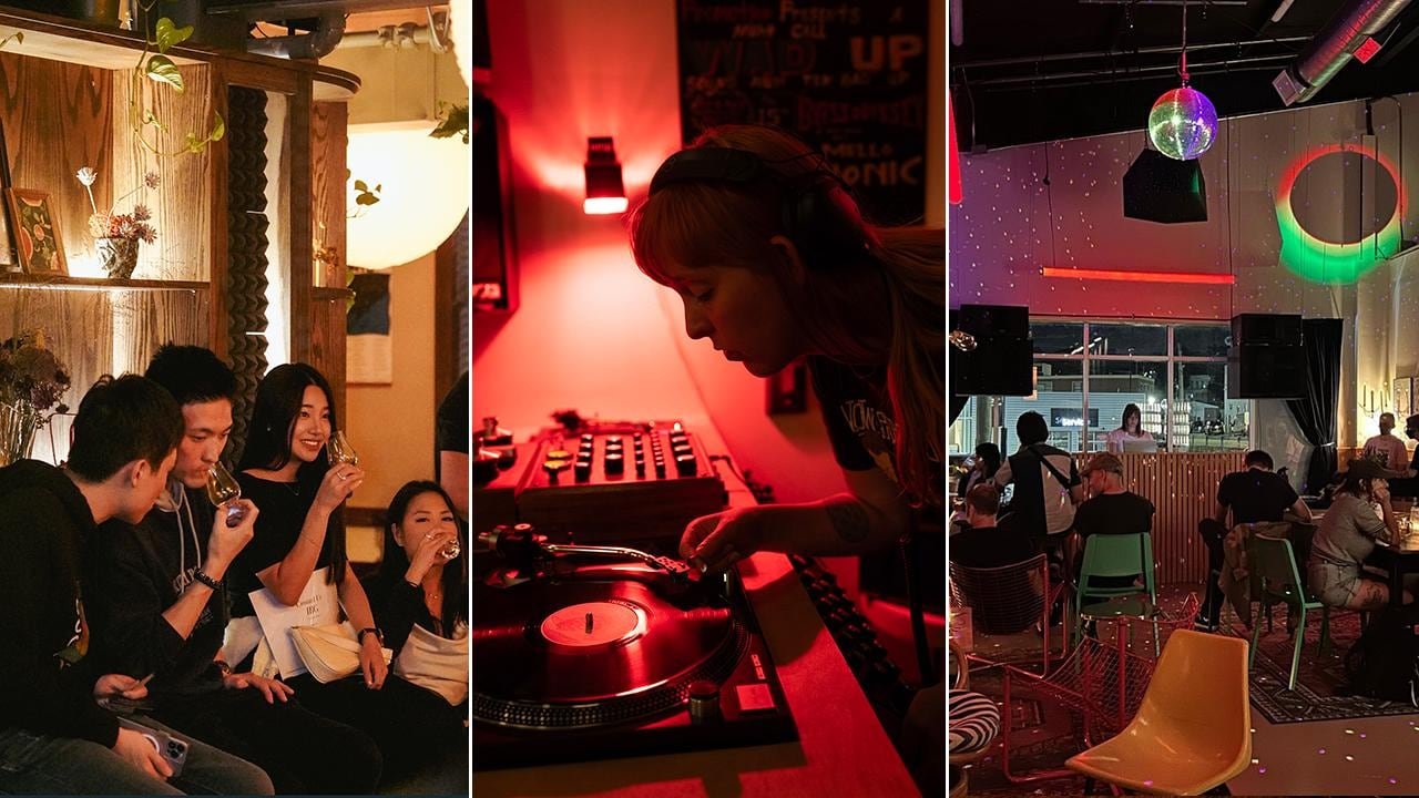 3 side-by-side images, left to right: a group of people sipping drinks in a bar; a DJ standing over a vinyl turntable; interior of a bar with people sitting at tables.