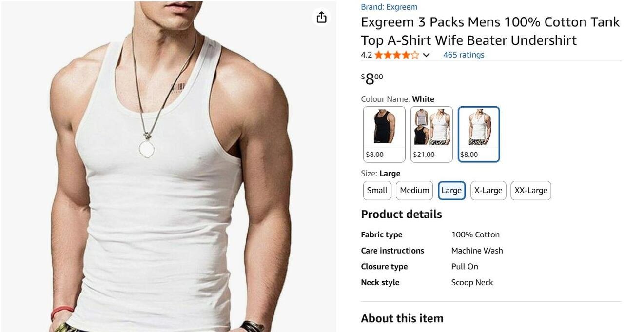 An ad on Amazon for a men's 'wife beater' tank top.