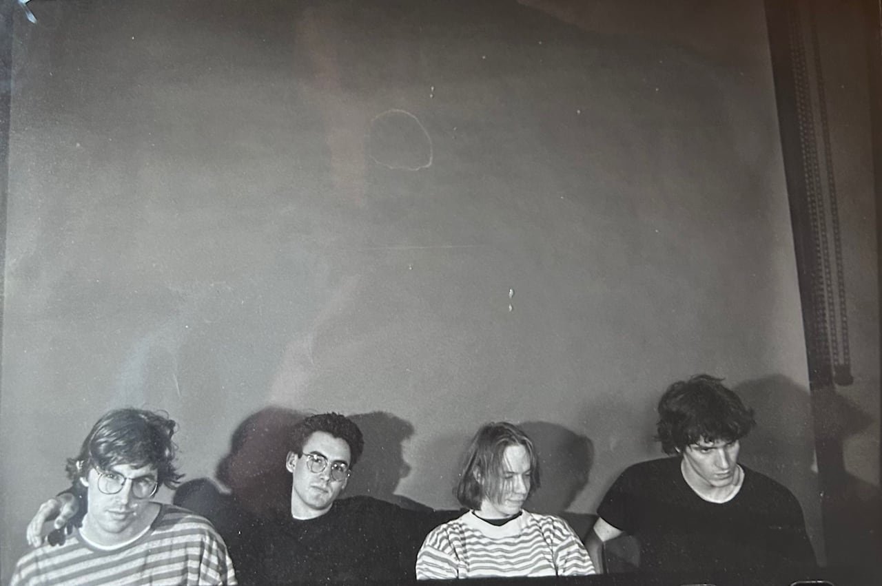 A black-and-white photo of the band Sloan at the Nova Scotia College of Art and Design.