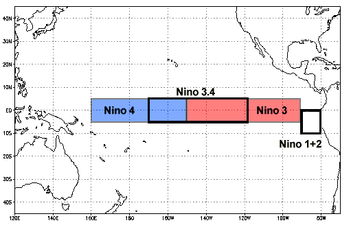 default-2 A simple black and white map of the Pacific Ocean with a rectangular box shows different regions where the development of an El Niño or La Niña are monitored.