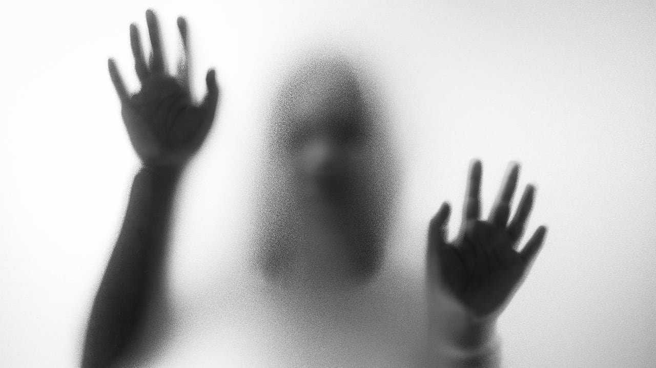 default-277 Blurry hands and body figure abstraction that looks like a ghost standing behind a glass pane with with her hands on it