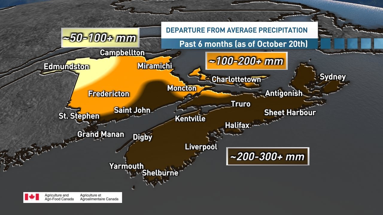 Map illustrating the precipitation deficit in the Maritimes