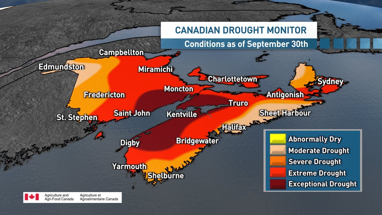 Map depicting the extent of drought conditions in the Maritimes